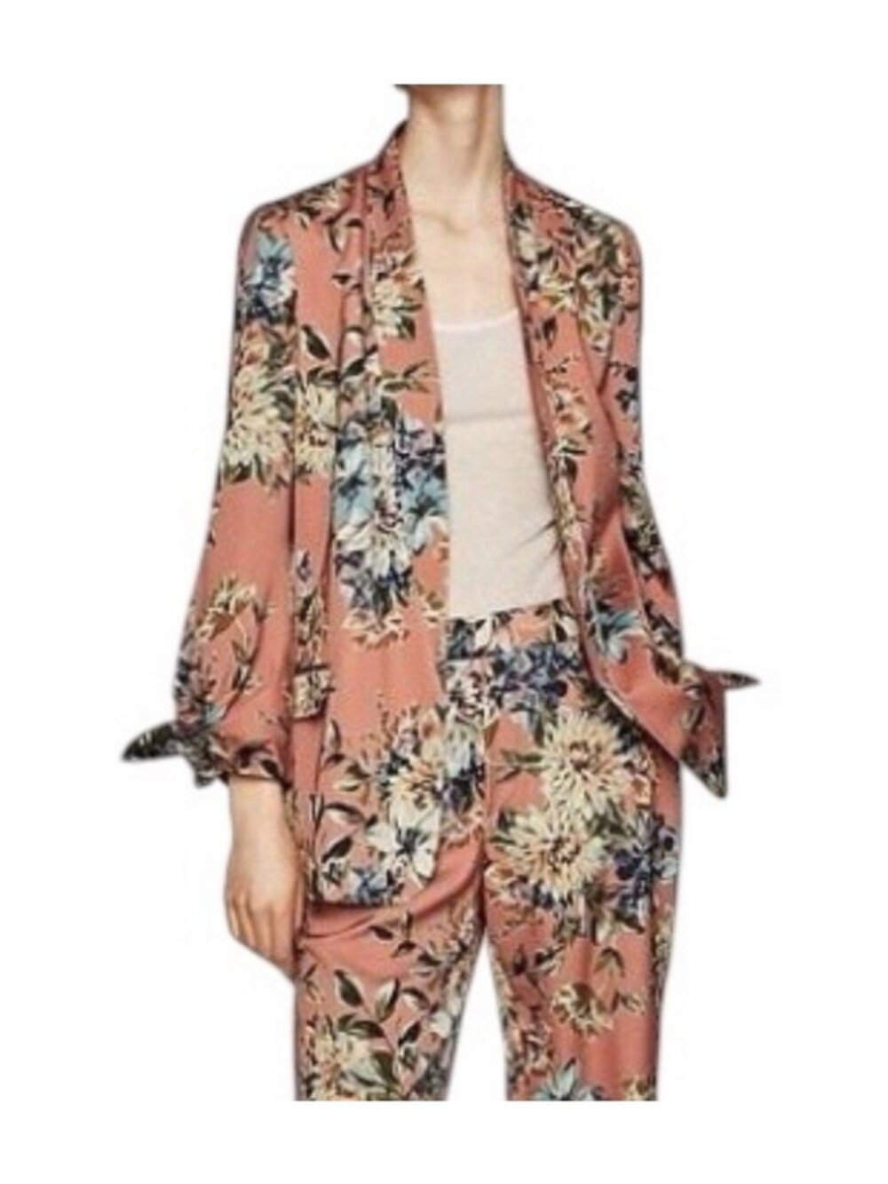 Zara Basic Floral Salmon Pink Boho Split Bell Sleeve Open Front Blazer Small